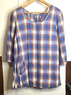 Flax Women’s Size M Blue, White, & Orange Plaid Linen Tunic Top